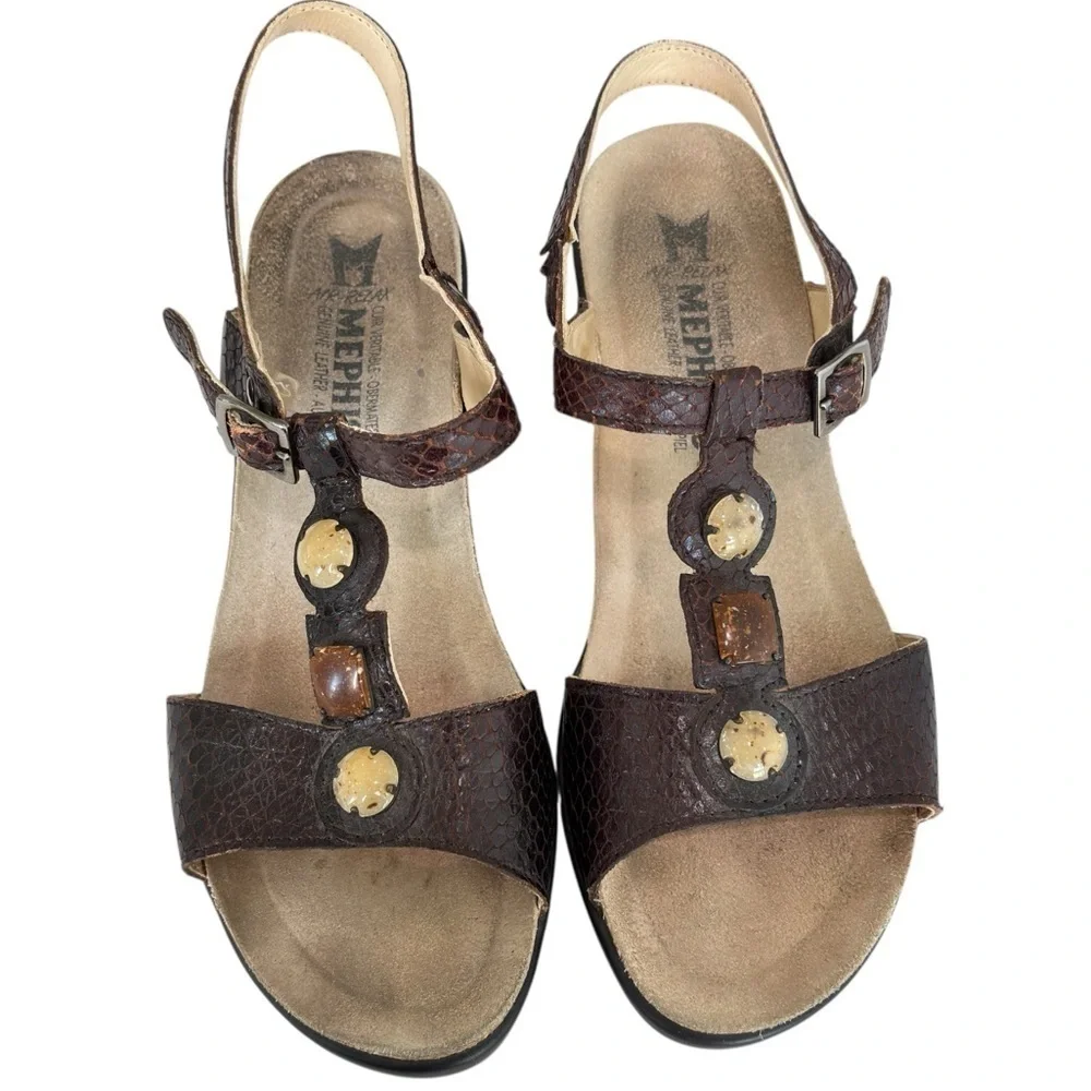 Mephisto Slingback Wedge Sandals Brown Jeweled Comfort Shoe Size 38 US 7.5 / 8